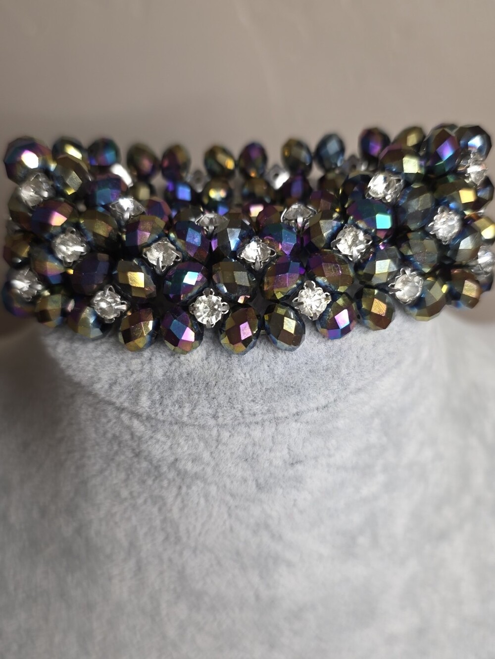 Peacock AB and Clear Crystal Wide Stretch Bracelet - Picture 3 of 8